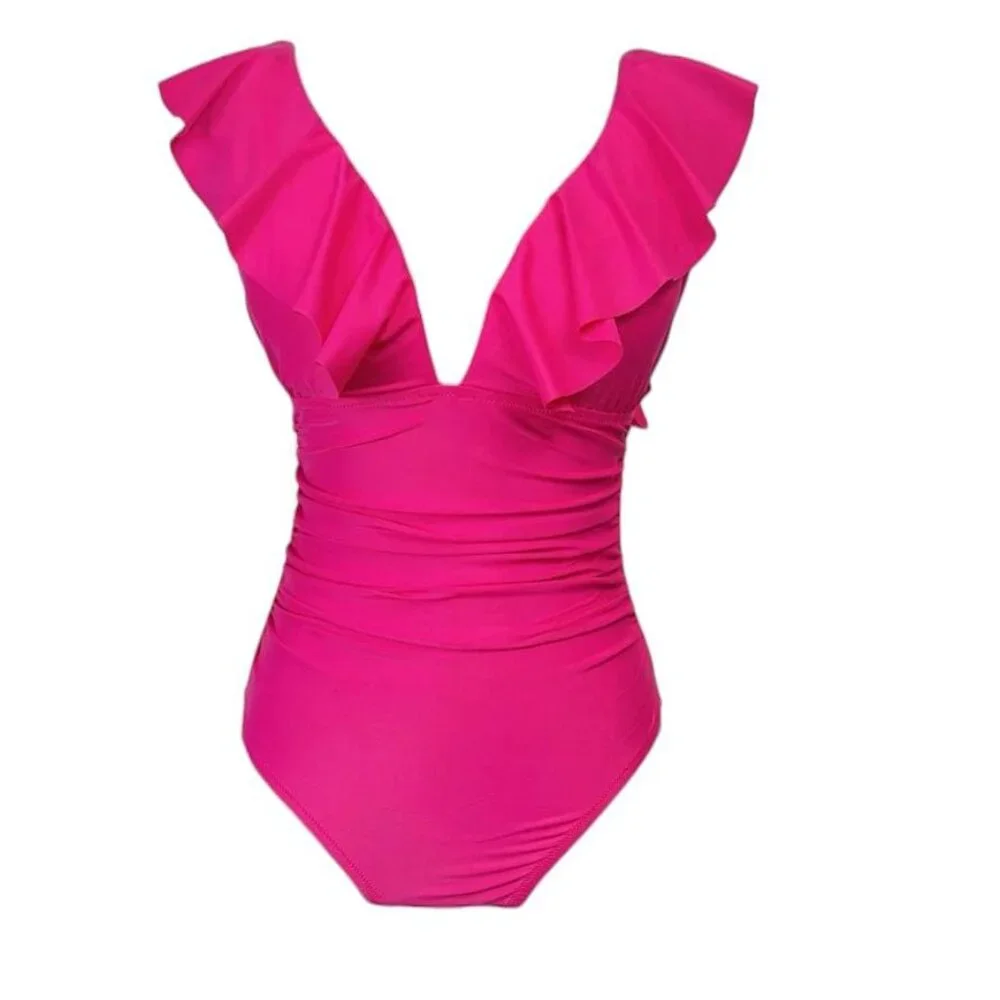 J. Crew One Piece Swimsuit SIze 12 Ruched V Neck Ruffled‎ Hot Pink Fuchsia New